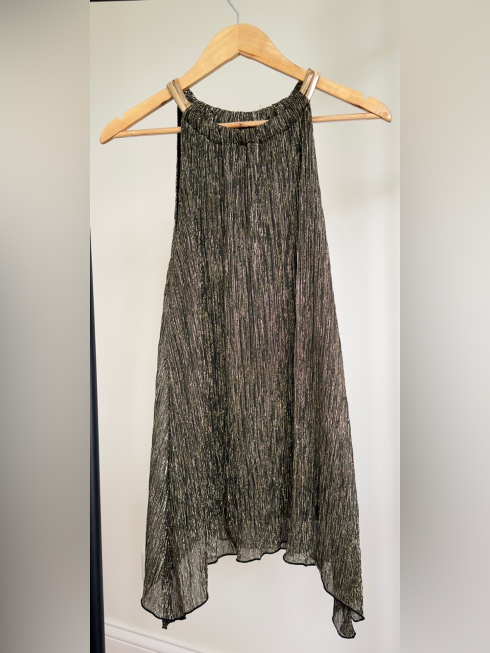 Alfani Metallic Pleated Halter Dress Blouse | Gold Black Shimmer Asymmetrical XL